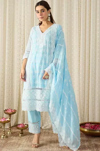 Women Ethnic Motifs Embroidered Regular Chikankari Pure Cotton Kurta with Trousers & With Dupatta