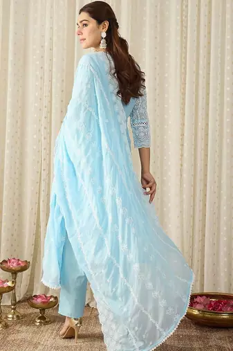 Women Ethnic Motifs Embroidered Regular Chikankari Pure Cotton Kurta with Trousers & With Dupatta