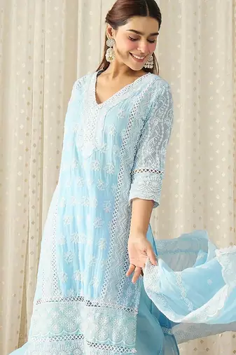 Women Ethnic Motifs Embroidered Regular Chikankari Pure Cotton Kurta with Trousers & With Dupatta