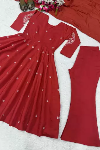 Red Embroidery Work Silk Blend Salwar Suit