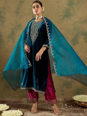 Ethnic Motifs Embroidered Regular Velvet Straight Kurta with Trousers & Dupatta 1