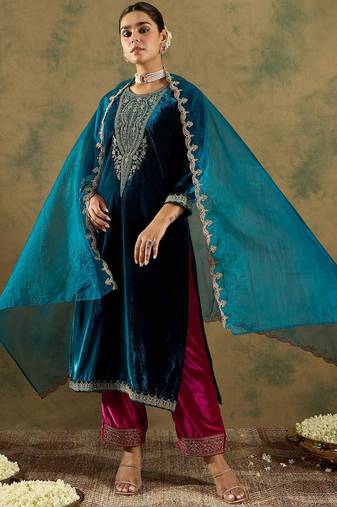 Ethnic Motifs Embroidered Regular Velvet Straight Kurta with Trousers & Dupatta