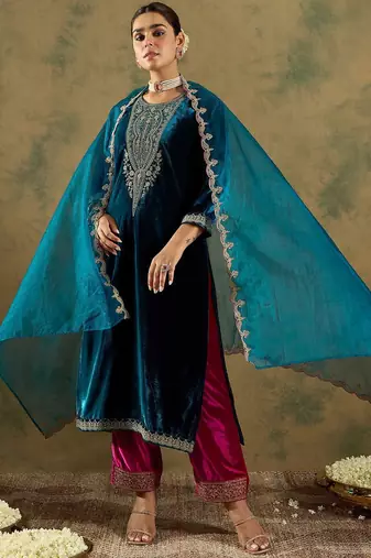 Ethnic Motifs Embroidered Regular Velvet Straight Kurta with Trousers & Dupatta