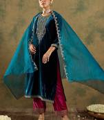 Ethnic Motifs Embroidered Regular Velvet Straight Kurta with Trousers & Dupatta
