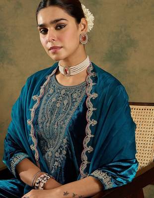 Ethnic Motifs Embroidered Regular Velvet Straight Kurta with Trousers & Dupatta 2
