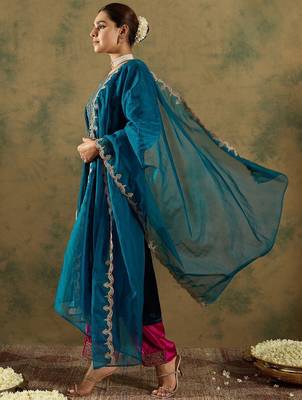 Ethnic Motifs Embroidered Regular Velvet Straight Kurta with Trousers & Dupatta 4