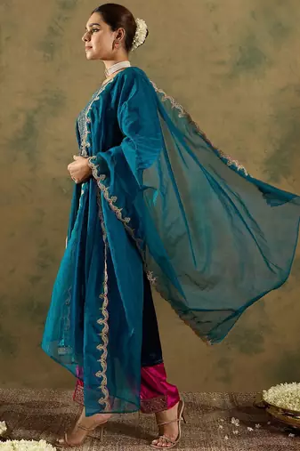 Ethnic Motifs Embroidered Regular Velvet Straight Kurta with Trousers & Dupatta