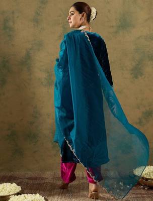 Ethnic Motifs Embroidered Regular Velvet Straight Kurta with Trousers & Dupatta 5