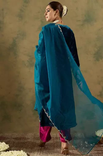 Ethnic Motifs Embroidered Regular Velvet Straight Kurta with Trousers & Dupatta