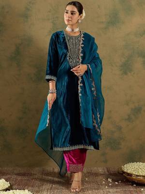 Ethnic Motifs Embroidered Regular Velvet Straight Kurta with Trousers & Dupatta 6
