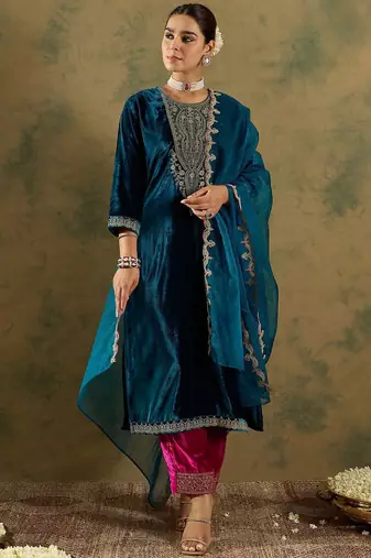 Ethnic Motifs Embroidered Regular Velvet Straight Kurta with Trousers & Dupatta