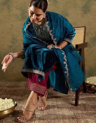 Ethnic Motifs Embroidered Regular Velvet Straight Kurta with Trousers & Dupatta 7
