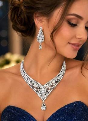 Cubic Zirconia Bridal Necklace Set, Silver Tone Chandelier Earrings, Wedding Statement Jewelry 1