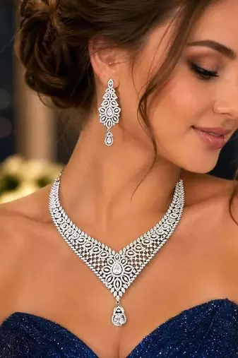 Cubic Zirconia Bridal Necklace Set, Silver Tone Chandelier Earrings, Wedding Statement Jewelry