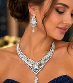 Cubic Zirconia Bridal Necklace Set, Silver Tone Chandelier Earrings, Wedding Statement Jewelry
