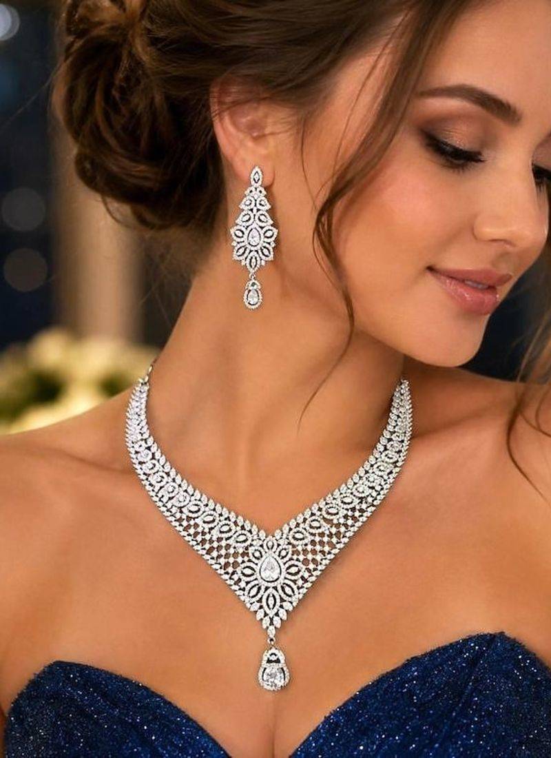 Cubic Zirconia Bridal Necklace Set, Silver Tone Chandelier Earrings, Wedding Statement Jewelry