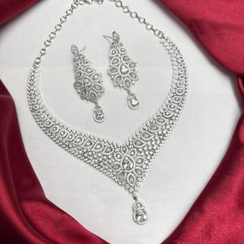 Cubic Zirconia Bridal Necklace Set, Silver Tone Chandelier Earrings, Wedding Statement Jewelry 2
