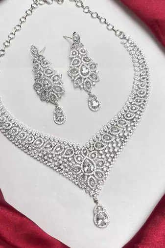 Cubic Zirconia Bridal Necklace Set, Silver Tone Chandelier Earrings, Wedding Statement Jewelry