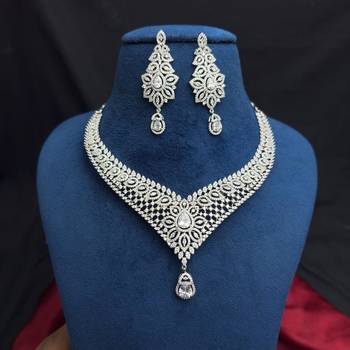 Cubic Zirconia Bridal Necklace Set, Silver Tone Chandelier Earrings, Wedding Statement Jewelry 3