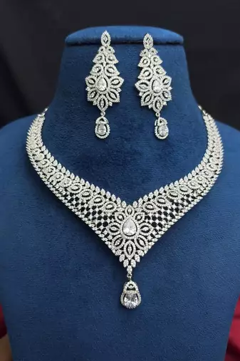 Cubic Zirconia Bridal Necklace Set, Silver Tone Chandelier Earrings, Wedding Statement Jewelry