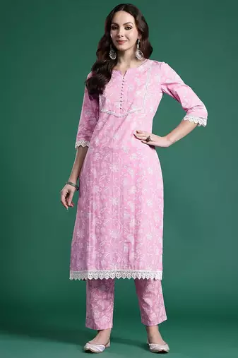 Women Floral Printed Regular Pure Cotton Kurta with Trousers