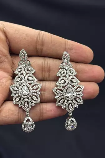 Cubic Zirconia Bridal Necklace Set, Silver Tone Chandelier Earrings, Wedding Statement Jewelry