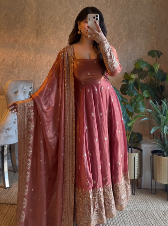 peach color sequin embroidery silk blend gown set