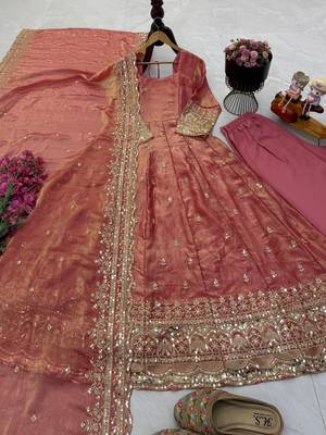 peach color sequin embroidery silk blend gown set 2
