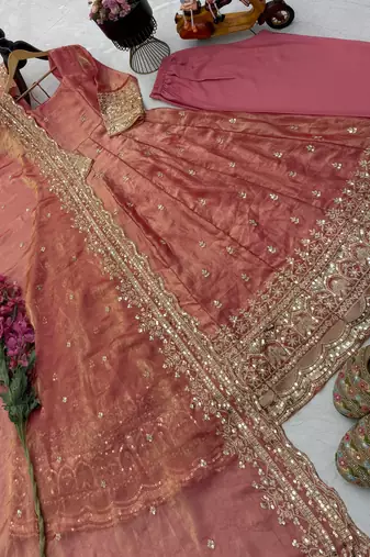 peach color sequin embroidery silk blend gown set