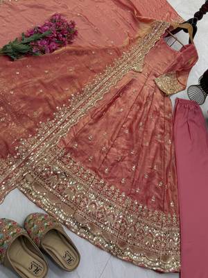 peach color sequin embroidery silk blend gown set 5