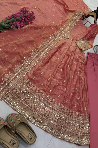 peach color sequin embroidery silk blend gown set