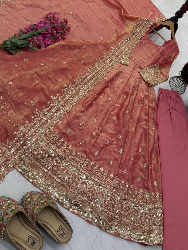 peach color sequin embroidery silk blend gown set