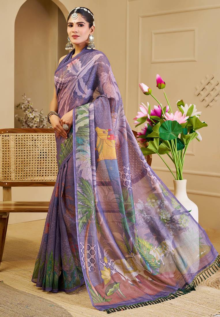 Purple shimmer printed zari saree with unstitched blouse piece.
