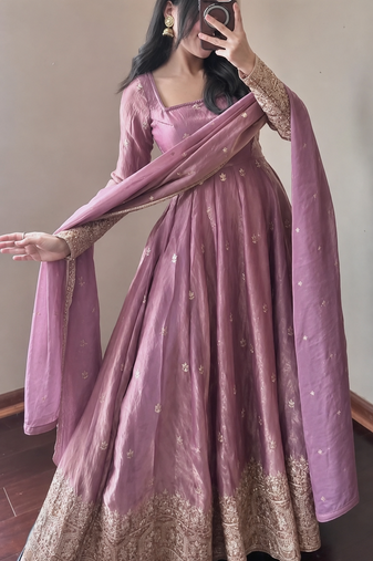 pink color sequin embroidery silk blend gown set