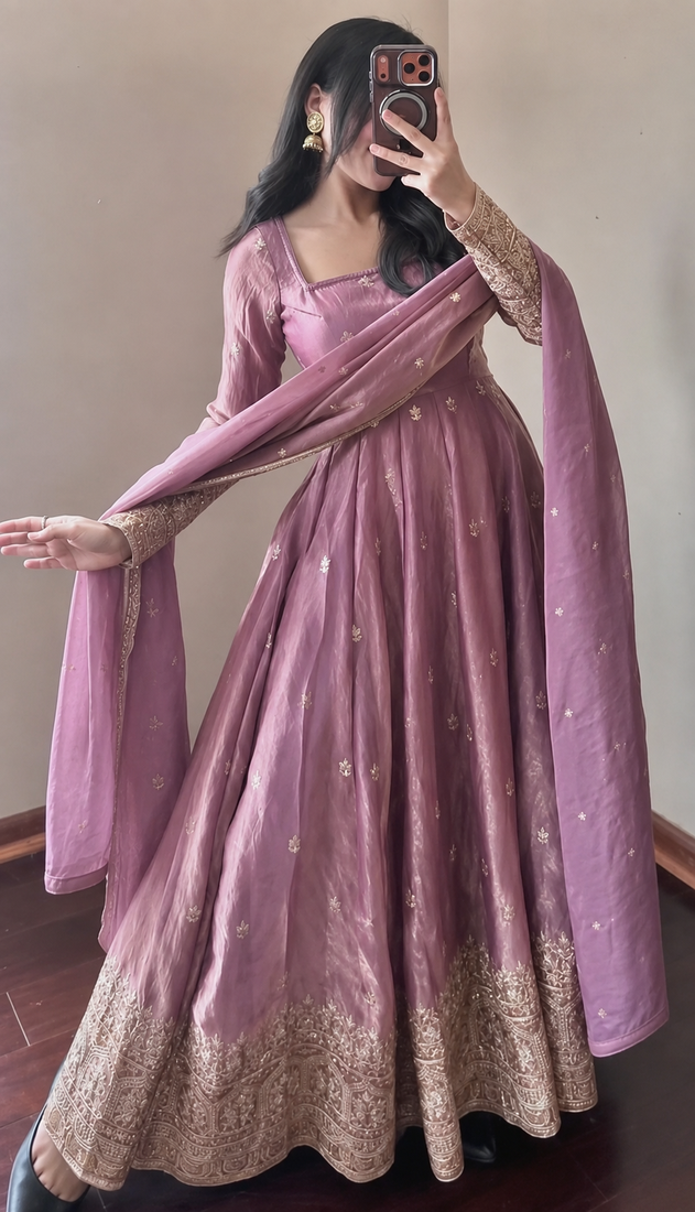 pink color sequin embroidery silk blend gown set