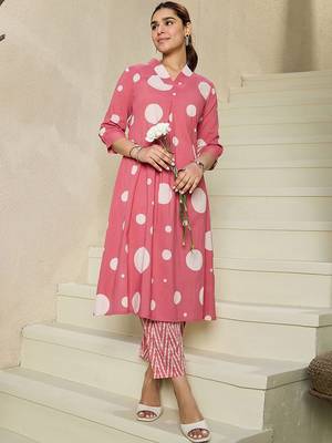 Geometric Printed V-Neck Pure Cotton A-line Kurta With Trousers 1