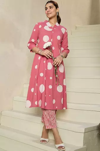 geometric printed v-neck  cotton a-line kurta with trousers