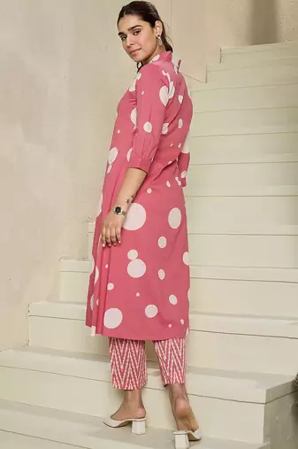 geometric printed v-neck  cotton a-line kurta with trousers