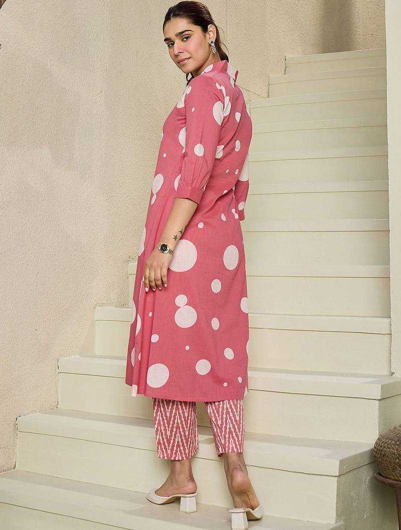 Geometric Printed V-Neck Pure Cotton A-line Kurta With Trousers