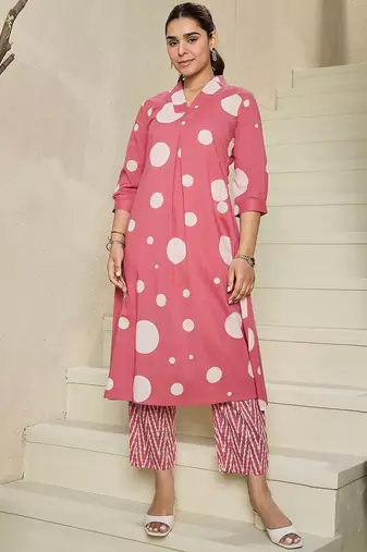 geometric printed v-neck  cotton a-line kurta with trousers