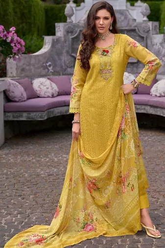Women Floral Embroidered Cotton Kurta with Trousers & Dupatta