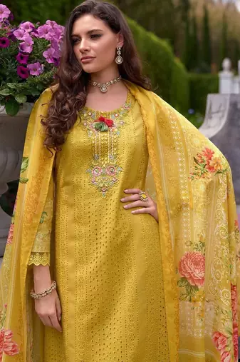 Women Floral Embroidered Cotton Kurta with Trousers & Dupatta