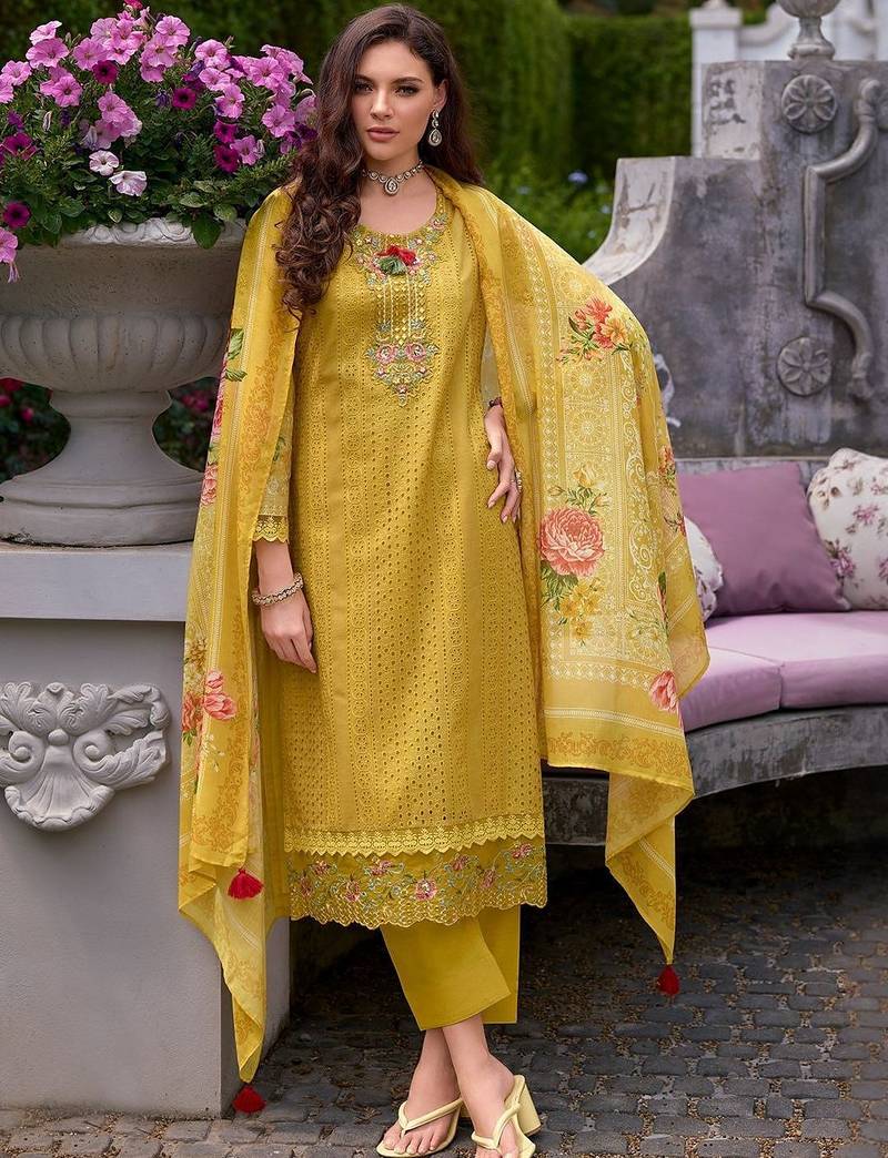 Women Floral Embroidered Cotton Kurta with Trousers & Dupatta