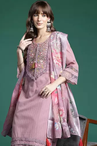 Floral Embroidered Thread Work Linen Kurta with Trousers & Dupatta