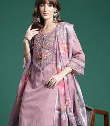 Floral Embroidered Thread Work Linen Kurta with Trousers & Dupatta