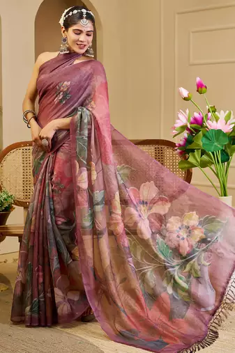 Wine shimmer printed zari saree with unstitched blouse piece.