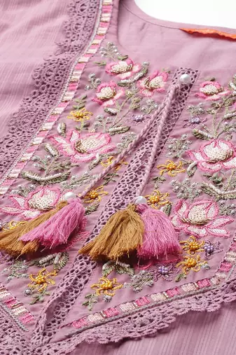 Floral Embroidered Thread Work Linen Kurta with Trousers & Dupatta