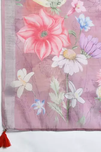 Floral Embroidered Thread Work Linen Kurta with Trousers & Dupatta