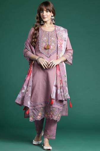 Floral Embroidered Thread Work Linen Kurta with Trousers & Dupatta