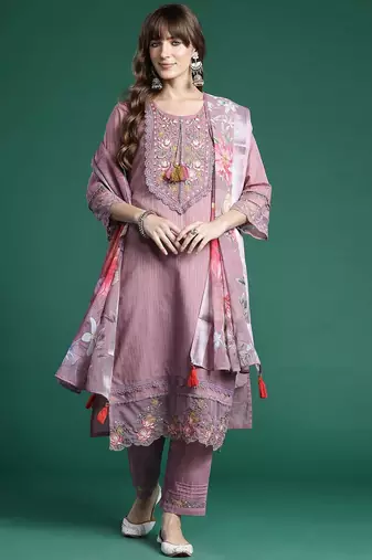 Floral Embroidered Thread Work Linen Kurta with Trousers & Dupatta